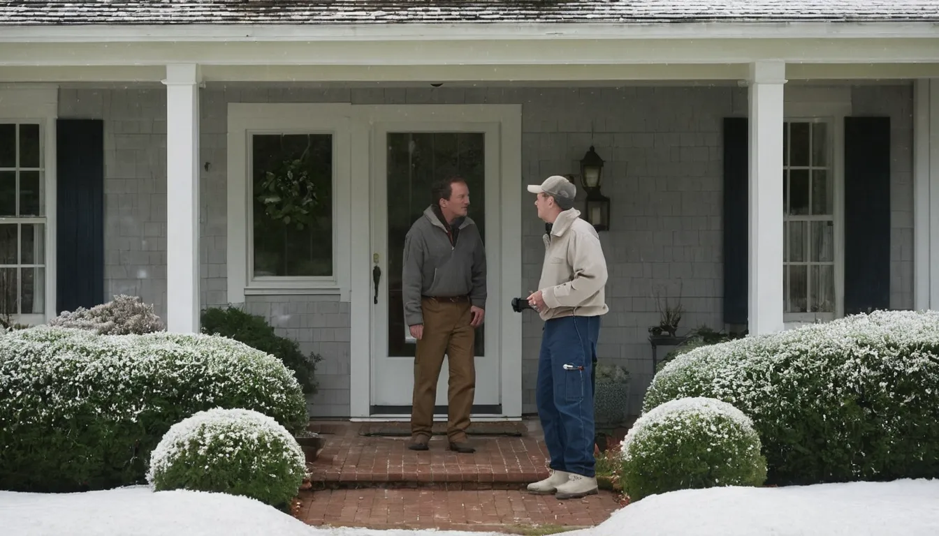 A homeowner in Briarcliff Manor talking calmly with a local pest provider at the front door